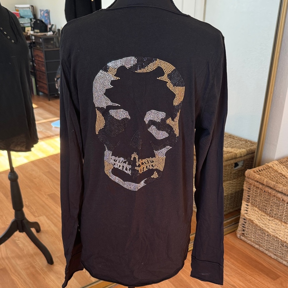 Zadig & Voltaire Black Long-Sleeve Shirt with Gold & Silver Rhinestone Skull
